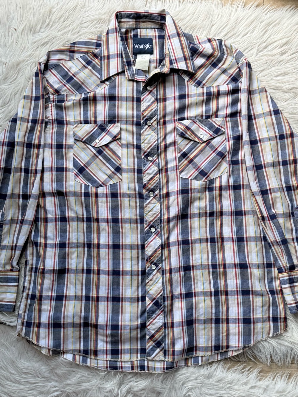 Vintage Wrangler Pearl Snap Western Shirt Plaid Long Sleeve Cowboy Ranch Rodeo
